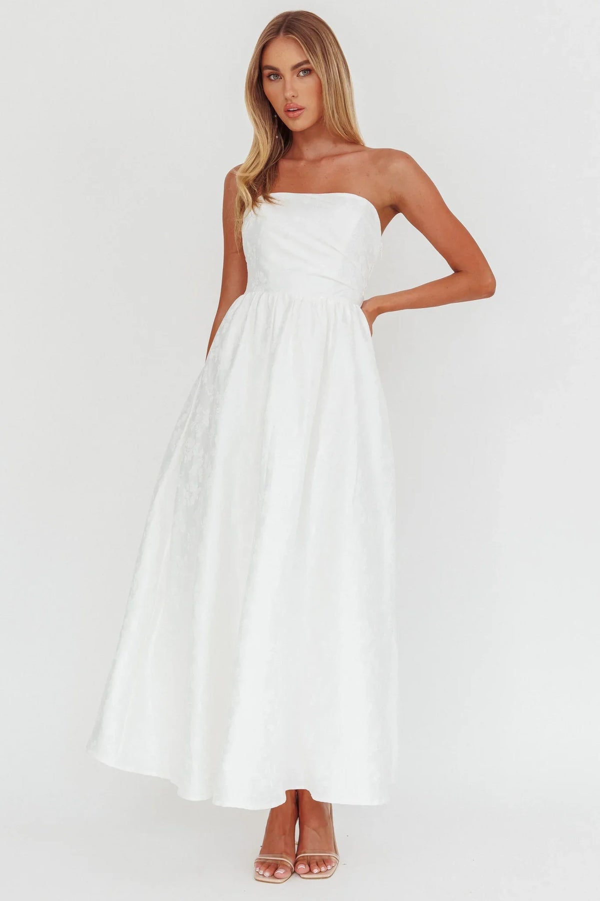 Anushka Strapless Empire Maxi Dress Jacquard White