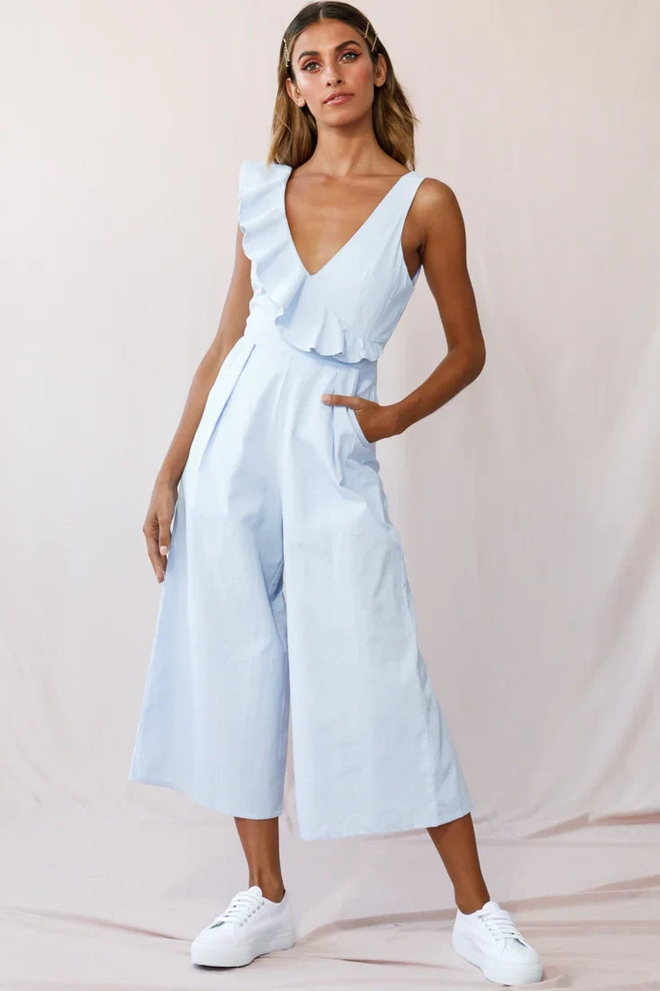 Cheryl Ruffle Strap Wide Leg Jumpsuit Steel Blue