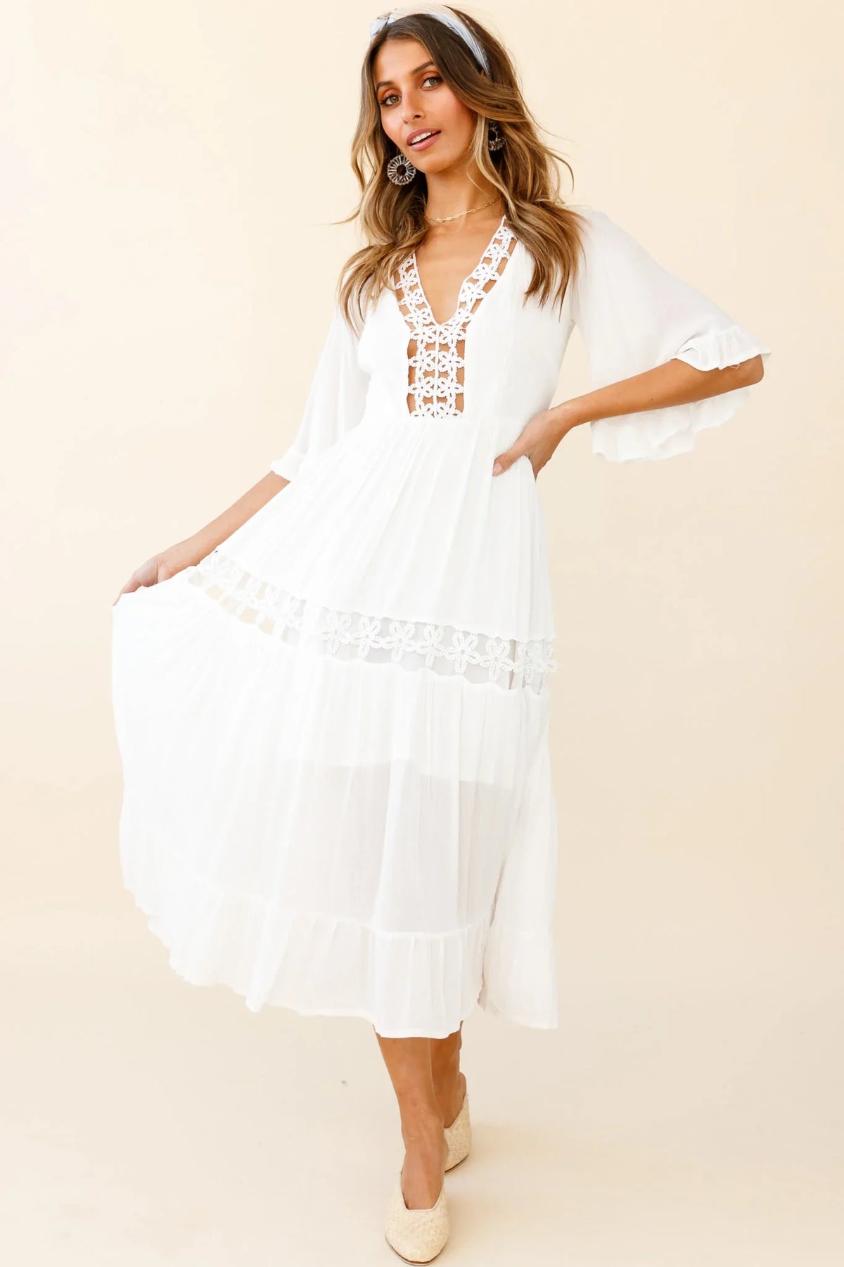 Feeling Groovy Bell Sleeve Crochet Trim Maxi Dress White