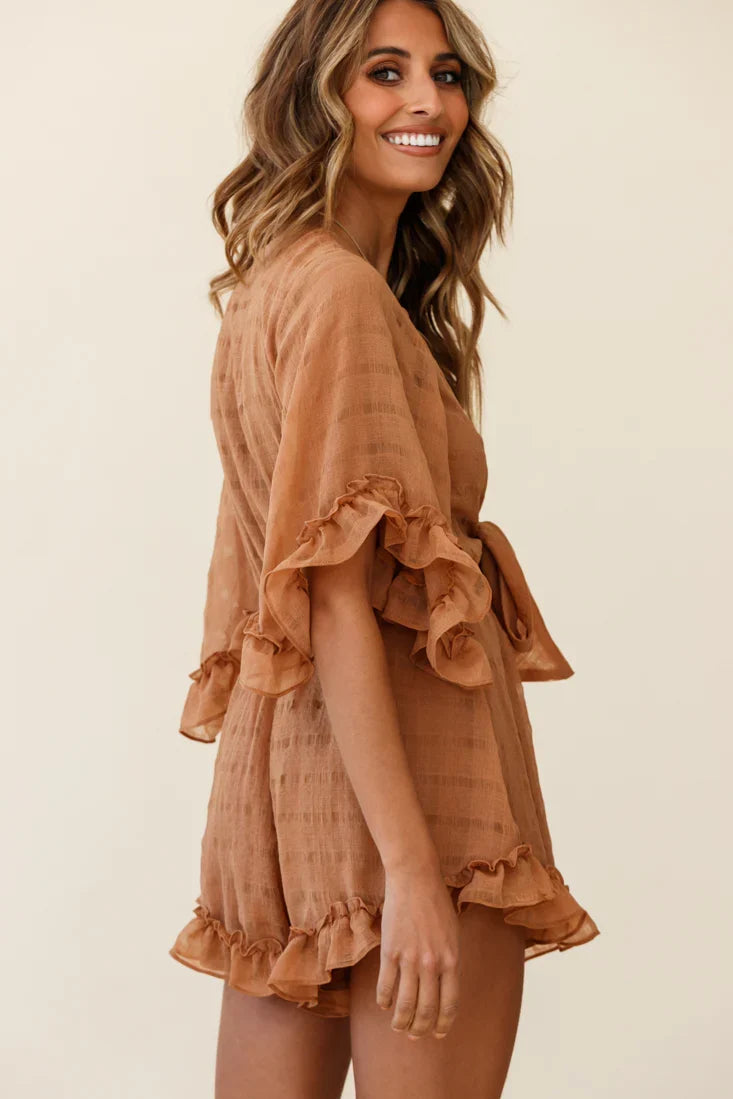 Athira Tied Bust Flared Sleeve Frill Romper Tan