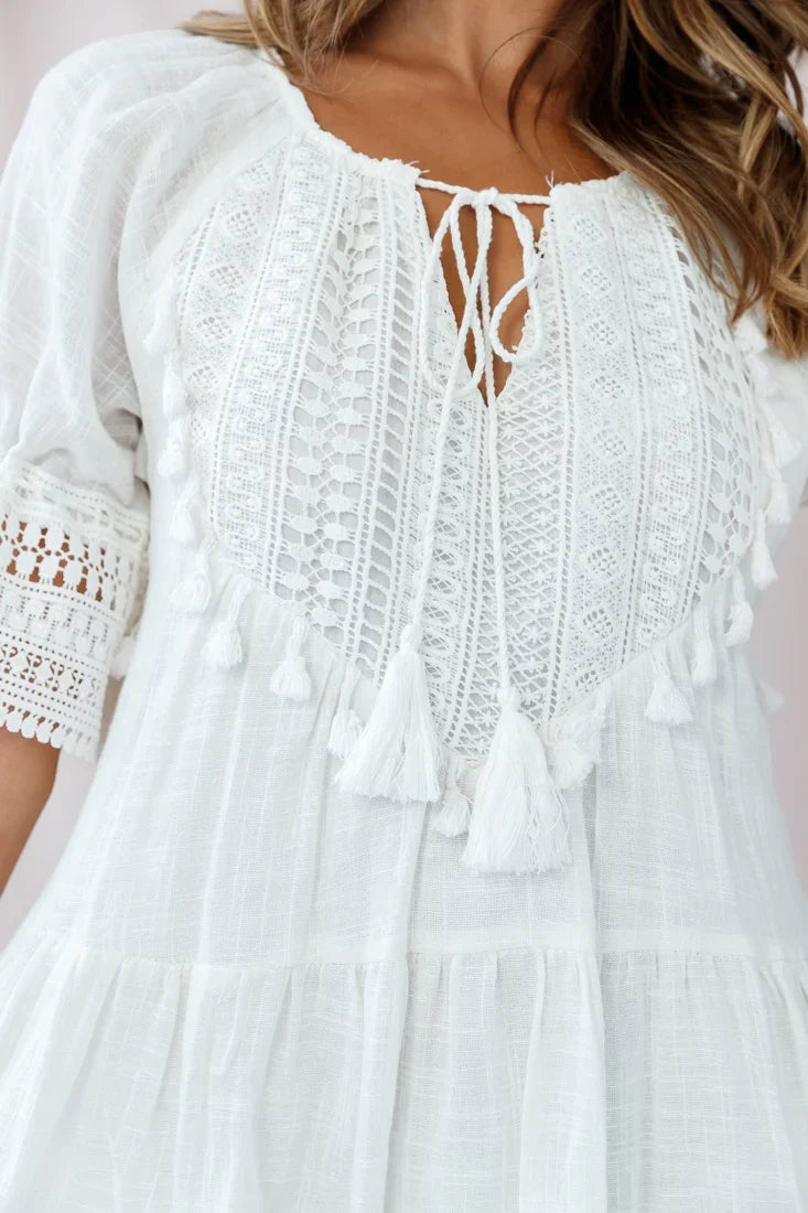 Jada Crochet and Tassel Kaftan Dress White