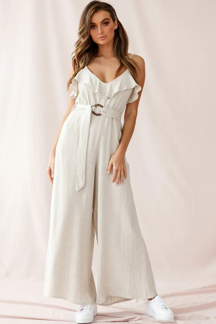 Mason Ruffle Neckline Wooden Buckle Belt Jumpsuit Natural