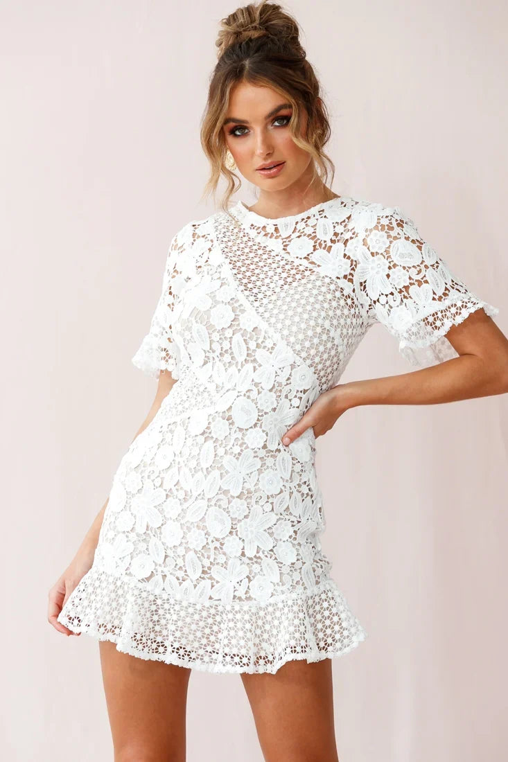 Reinhart Short Sleeve Crochet Lace Dress White