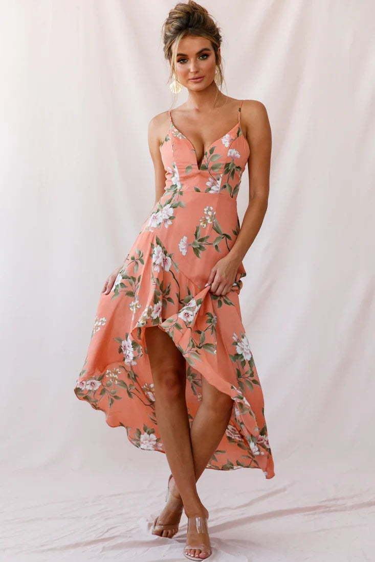 Imelda V-Neckline High-Low Hem Dress Peach