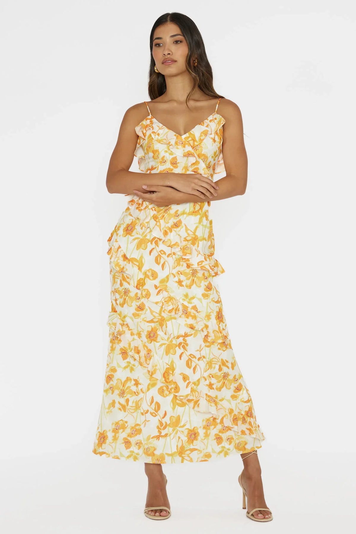 Silvana Frill Trim Midi Dress Floral Orange