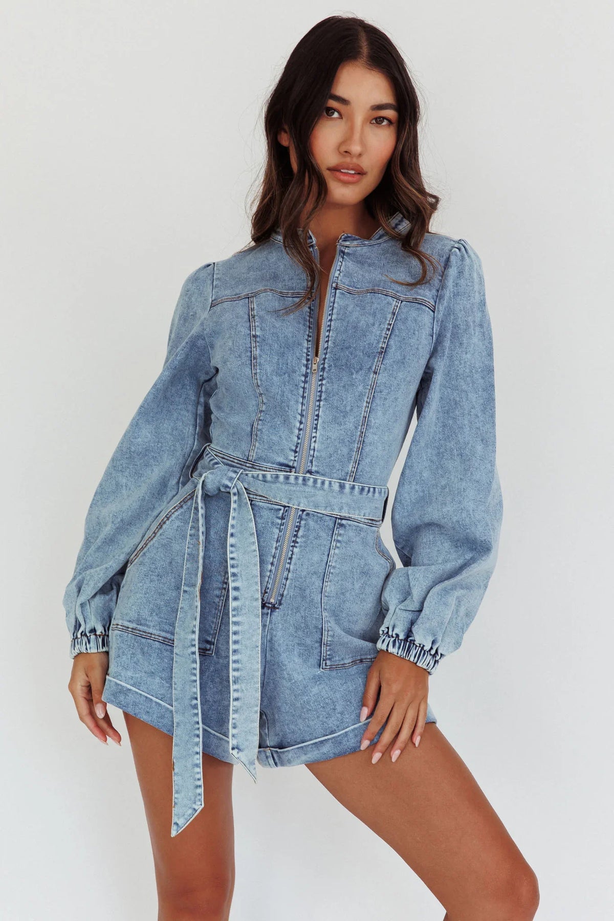 Real World Zip Front Romper Denim Blue