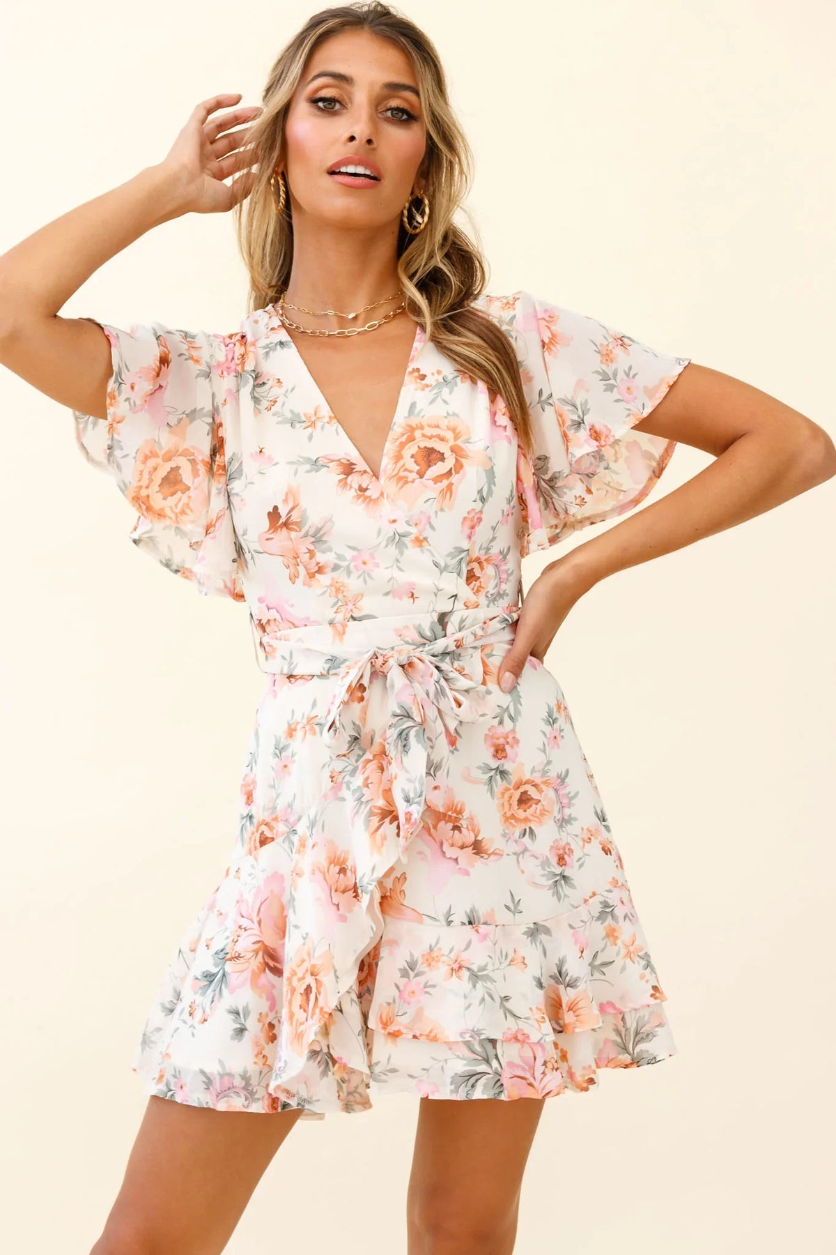 Cami Angel Sleeve Faux Wrap Dress Rose Print Pink