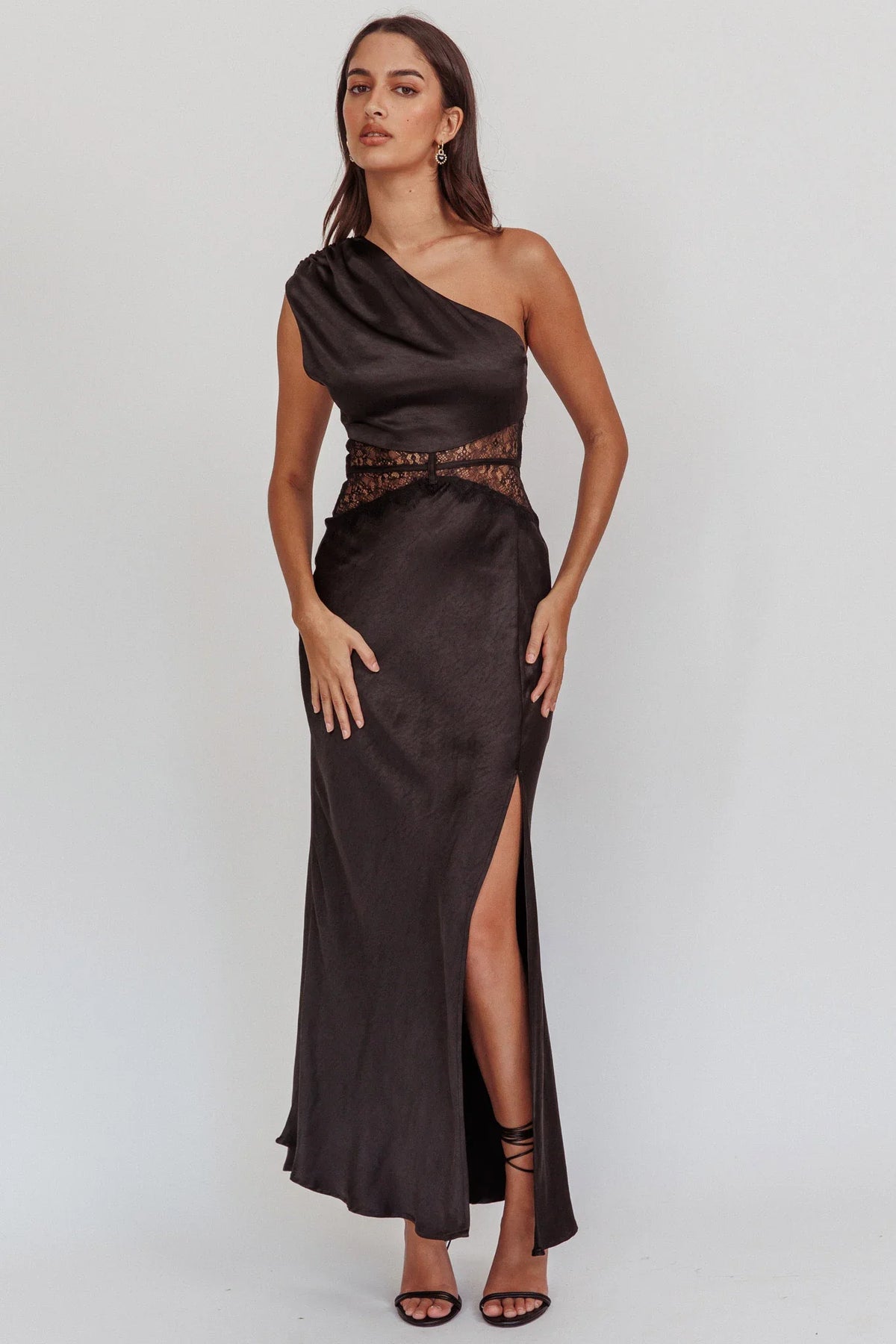 Tarly Lace Waist One-Shoulder Maxi Dress Black