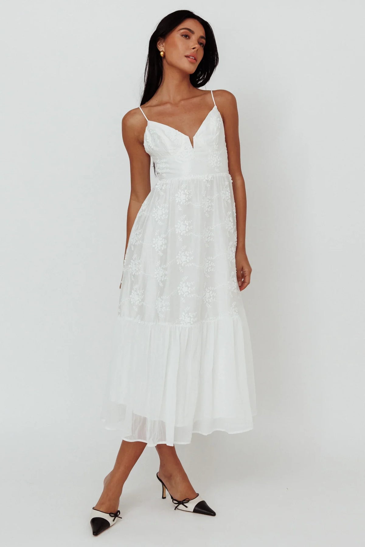 Lake Como Floral Embroidered Midi Dress White