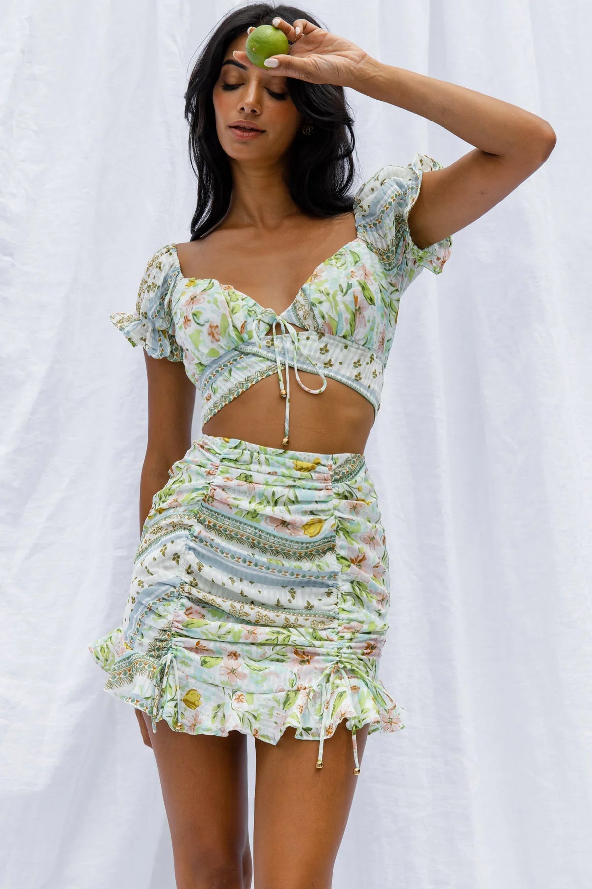 Azure Sky Ruched Mini Skirt Printed Green