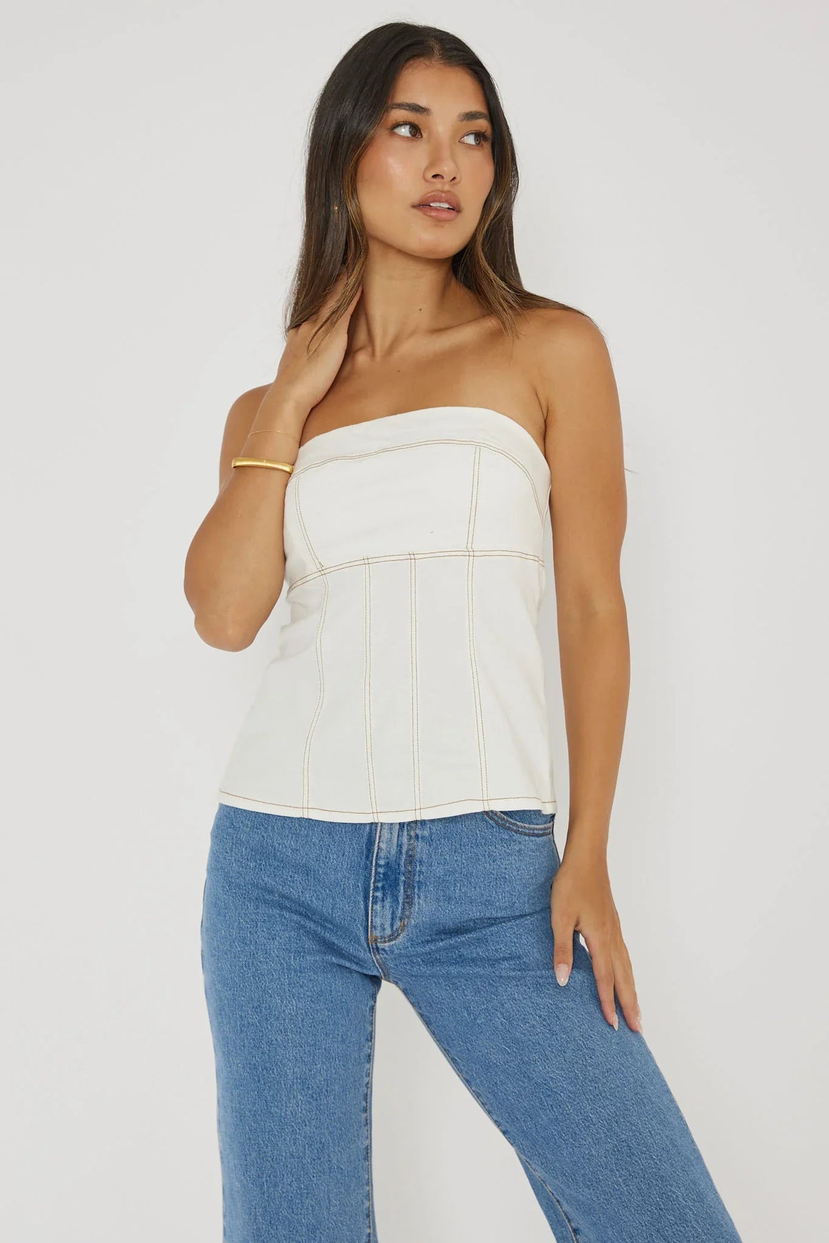 Cathlin Contrast Stitching Strapless Top White