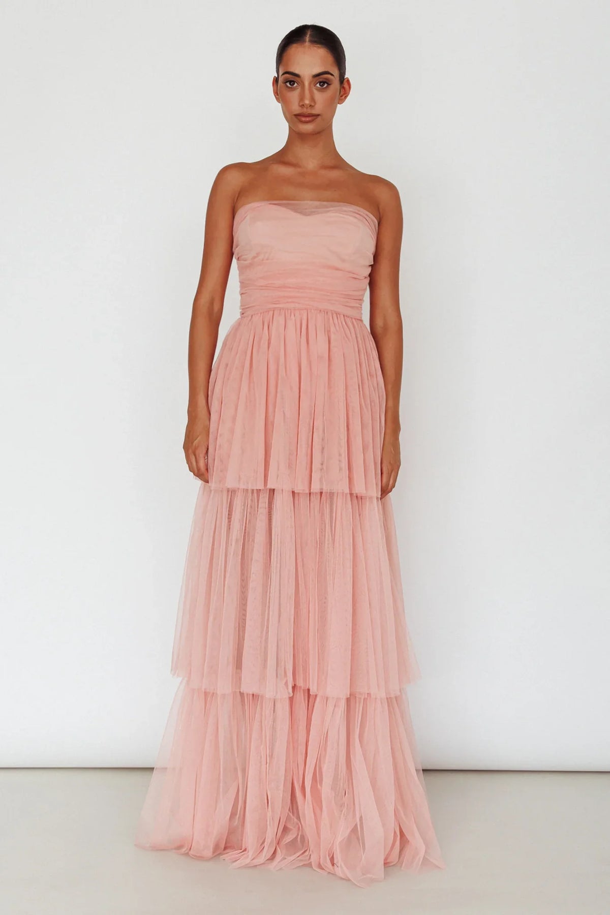Haeven Tiered Strapless Maxi Dress Blush