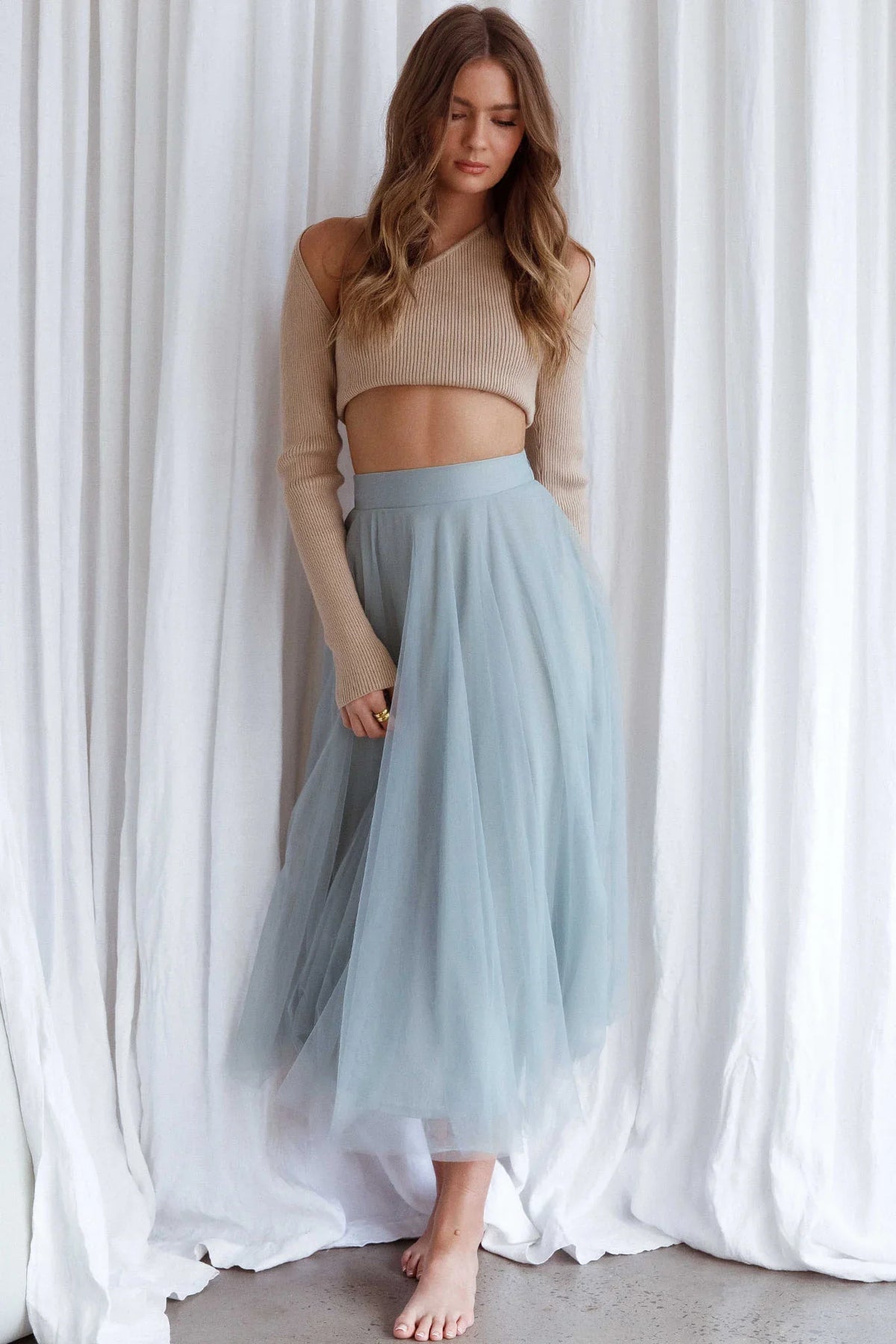 Jasmine Organza Mesh Elasticated Waist Midi Skirt Sage
