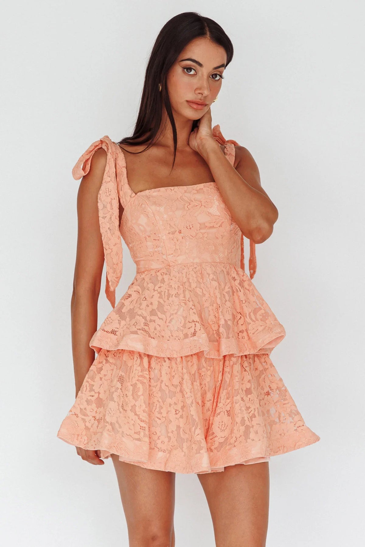 Neriah Tied Shoulder Tiered Lace Mini Dress Orange