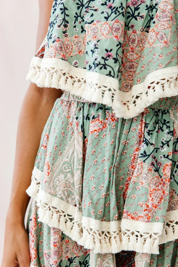 Palau Tassel-Trimmed Paisley Skirt Olive