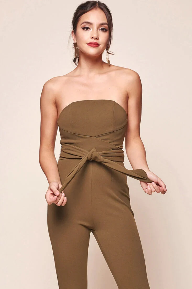 Payton Strapless Waist Tie Bodycon Jumpsuit Khaki