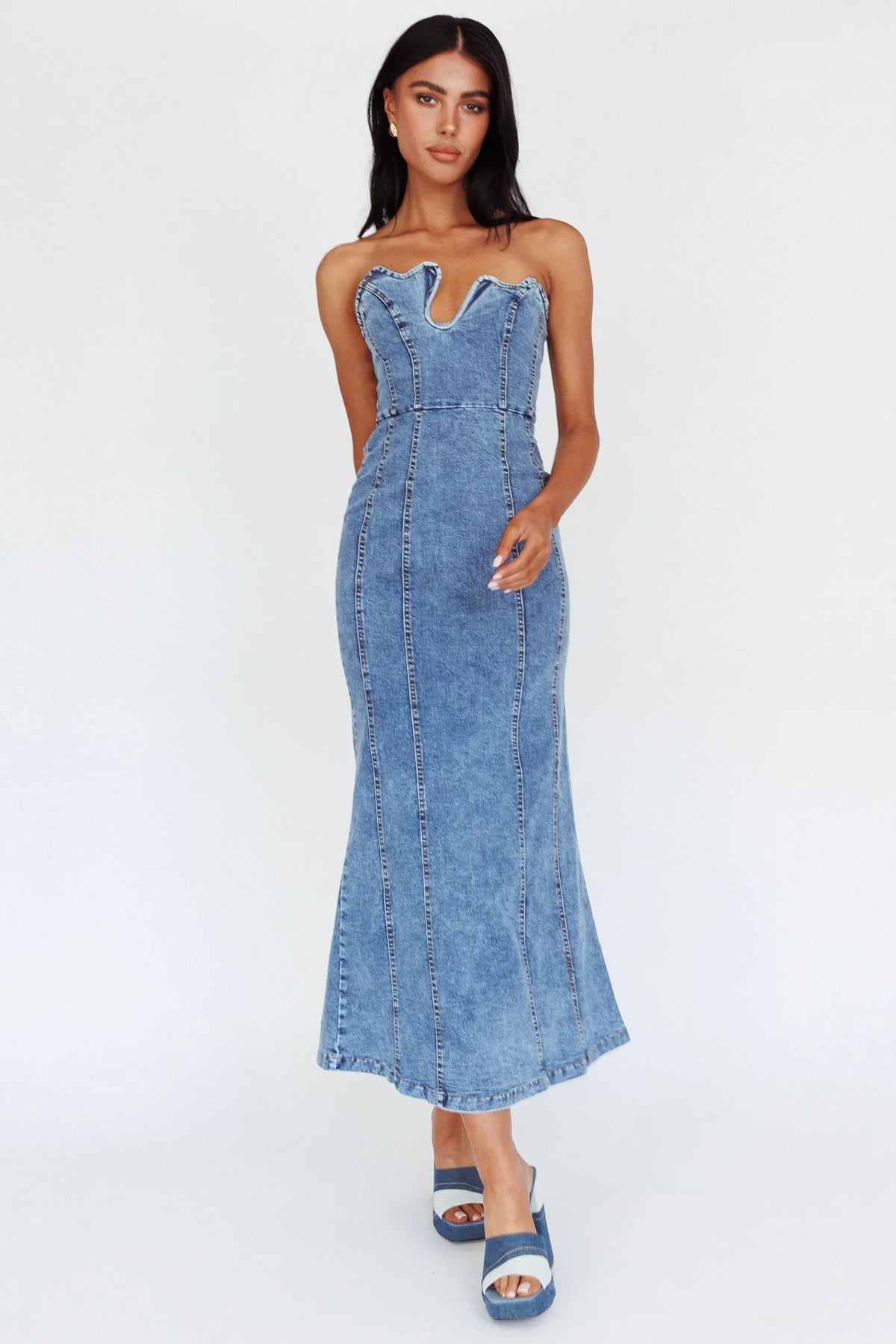 Horizon Strapless Wavy Neckline Midi Denim Blue
