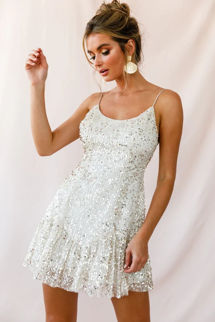 Shine Spaghetti Strap Sequin Mini Dress Champagne