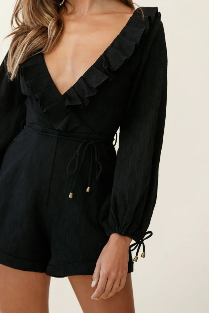 Tegan Long Sleeve Ruffle Neckline Romper Black