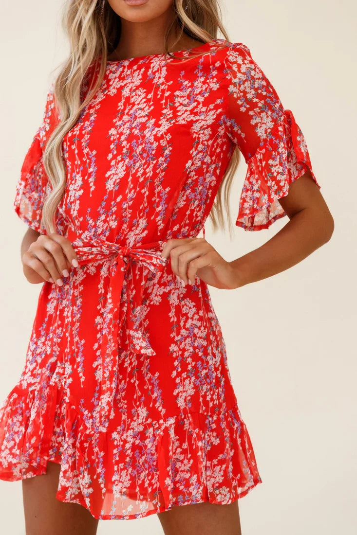 Azealia Ruffle Hem Dress Floral Spring Print Red