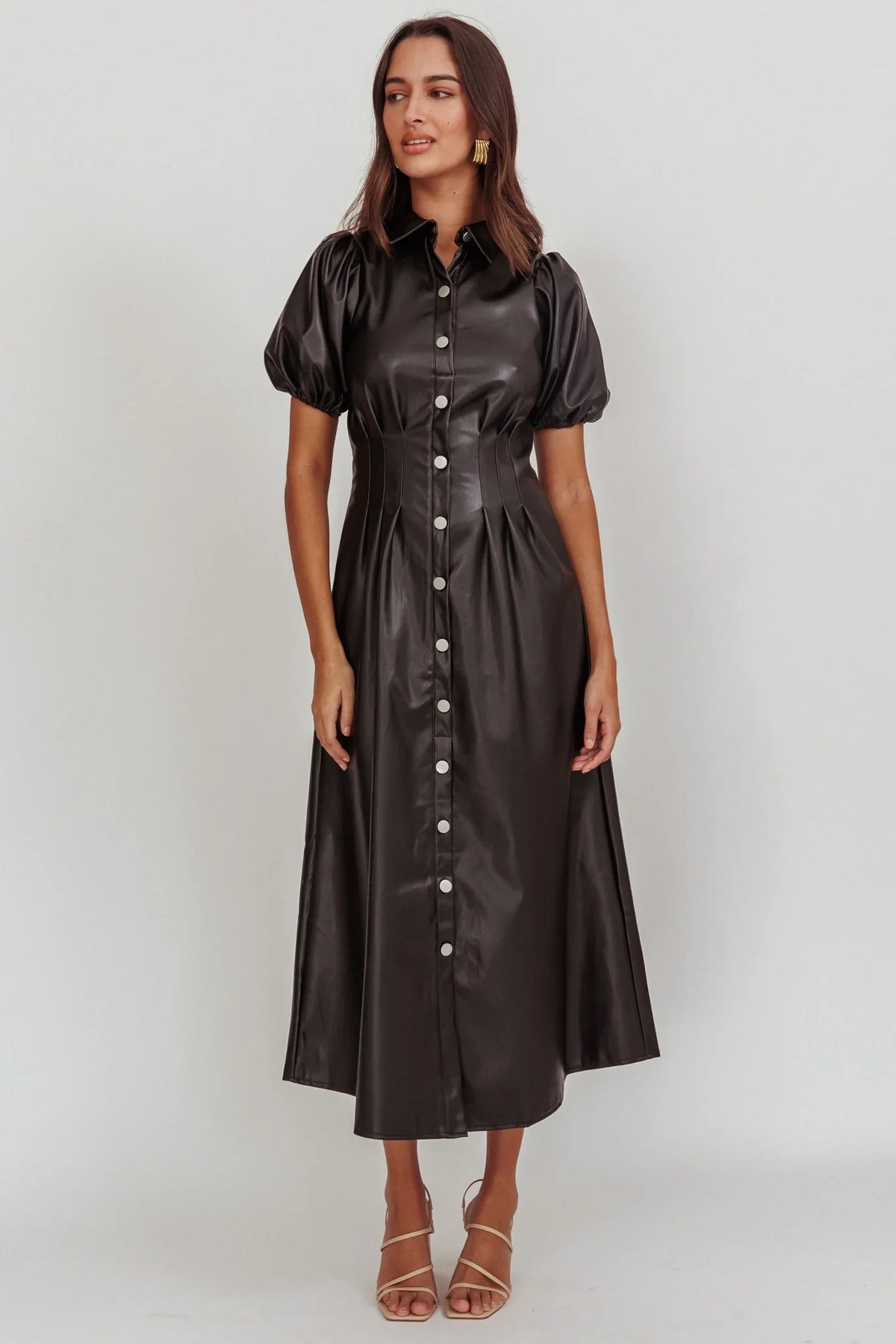 Zurich A-line Puff Sleeve Midi Dress Black