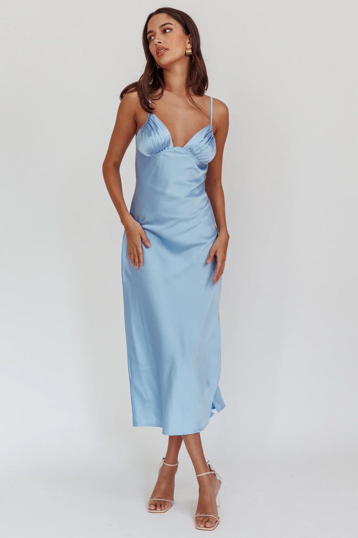Felicity Pleat Bust Split Midi Dress Blue