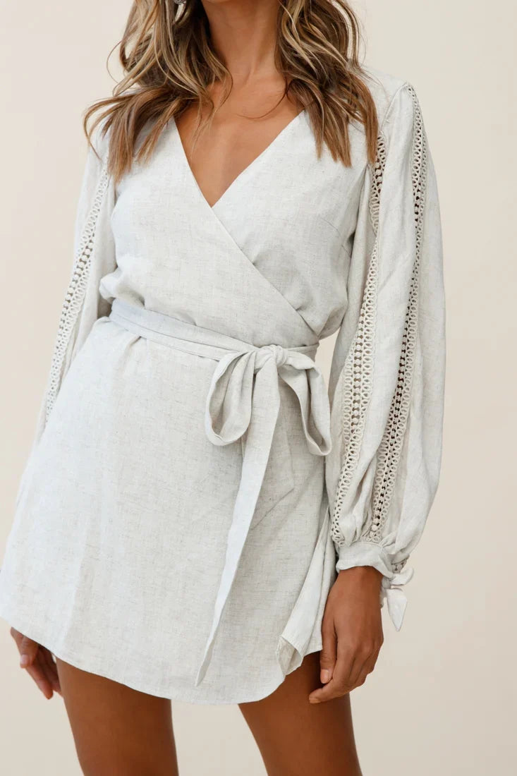 Ruthie Balloon Sleeve Crochet Insert Dress Natural