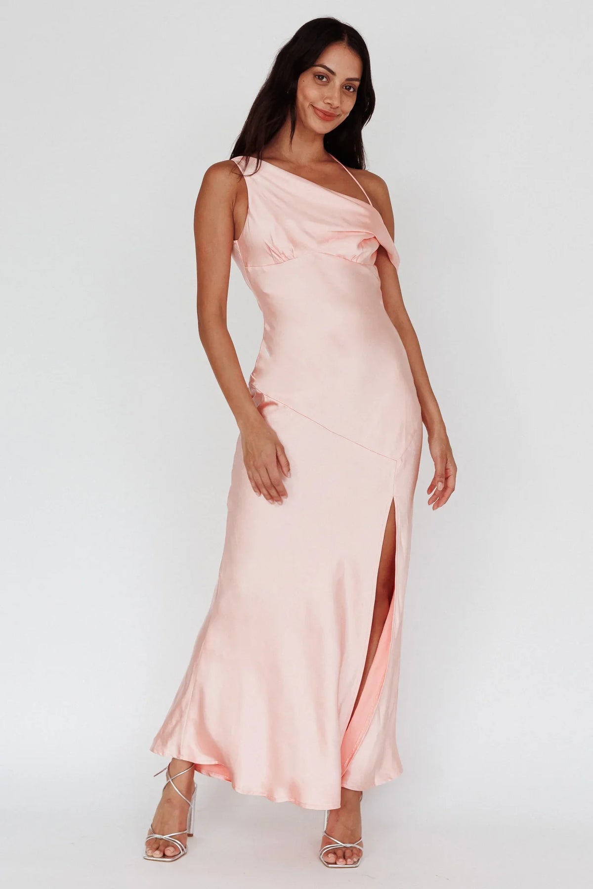 Etienne Off-Shoulder Halter Midi Dress Shimmer Pink