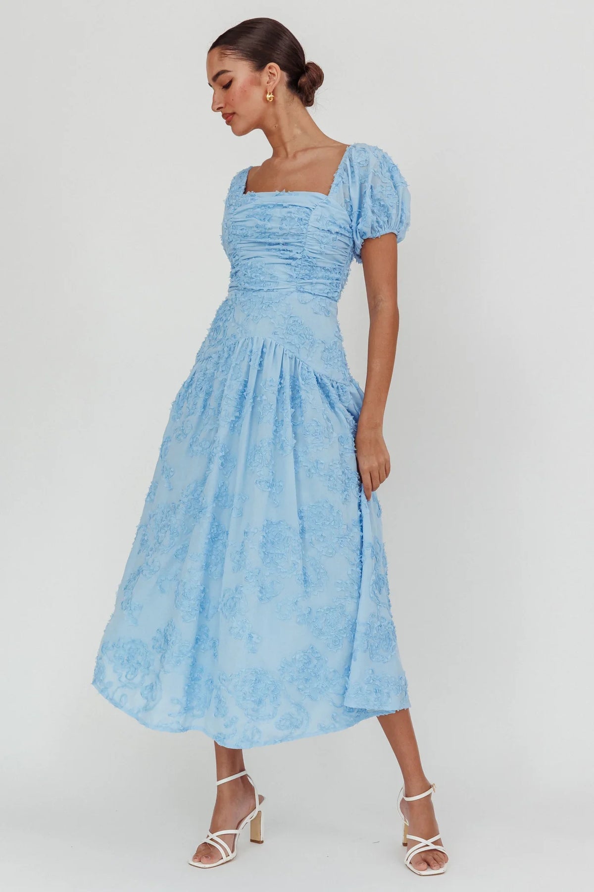Telma Puff Sleeves Midi Dress Blue