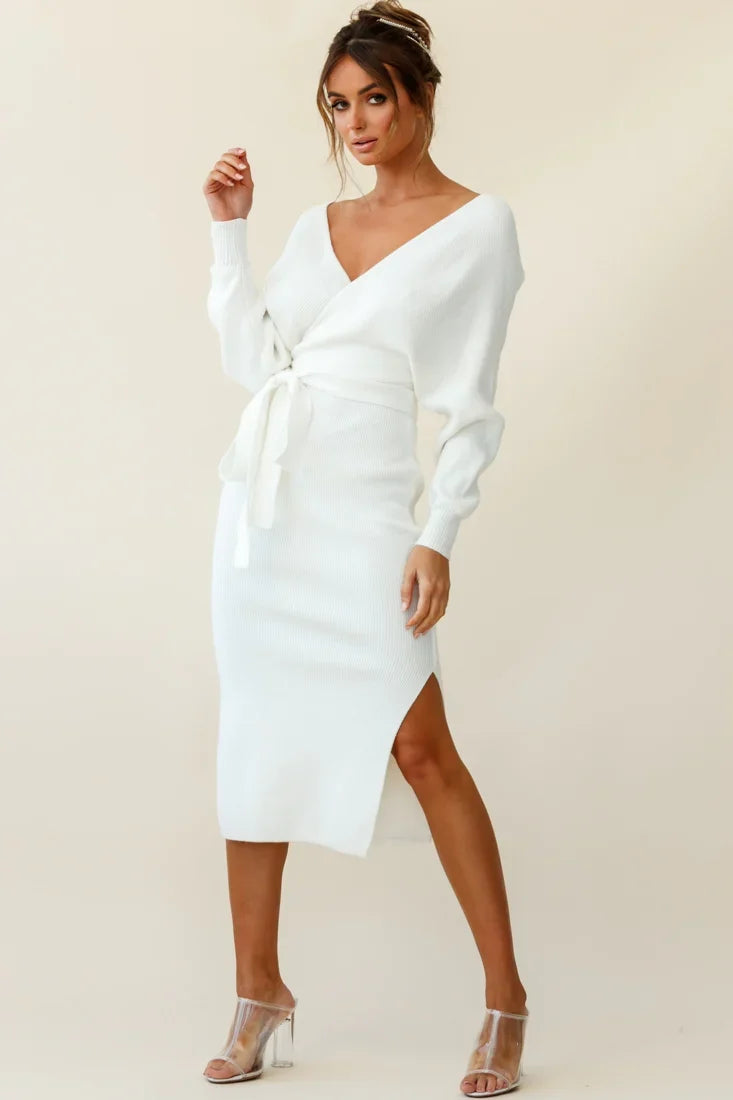 Cameo Batwing Knit Midi Dress Ivory