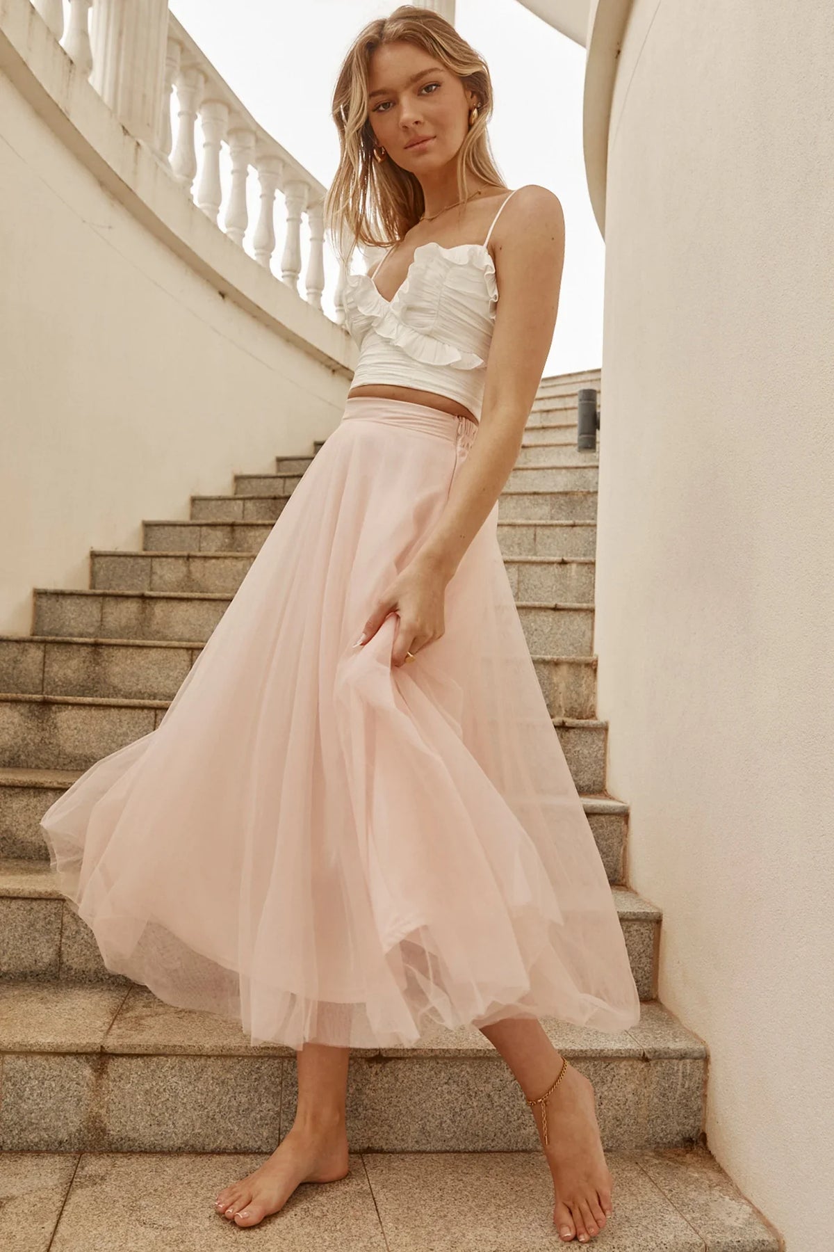 Jasmine Organza Mesh Elasticated Waist Midi Skirt Baby Pink