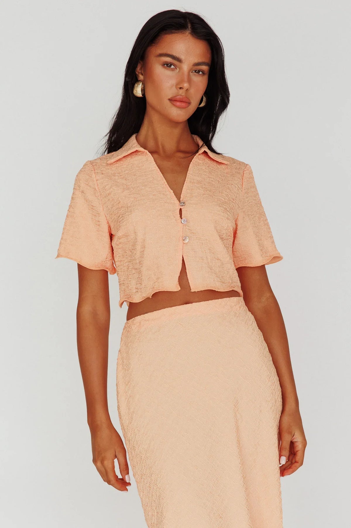 Roman Button-Up Crop Top Textured Melon