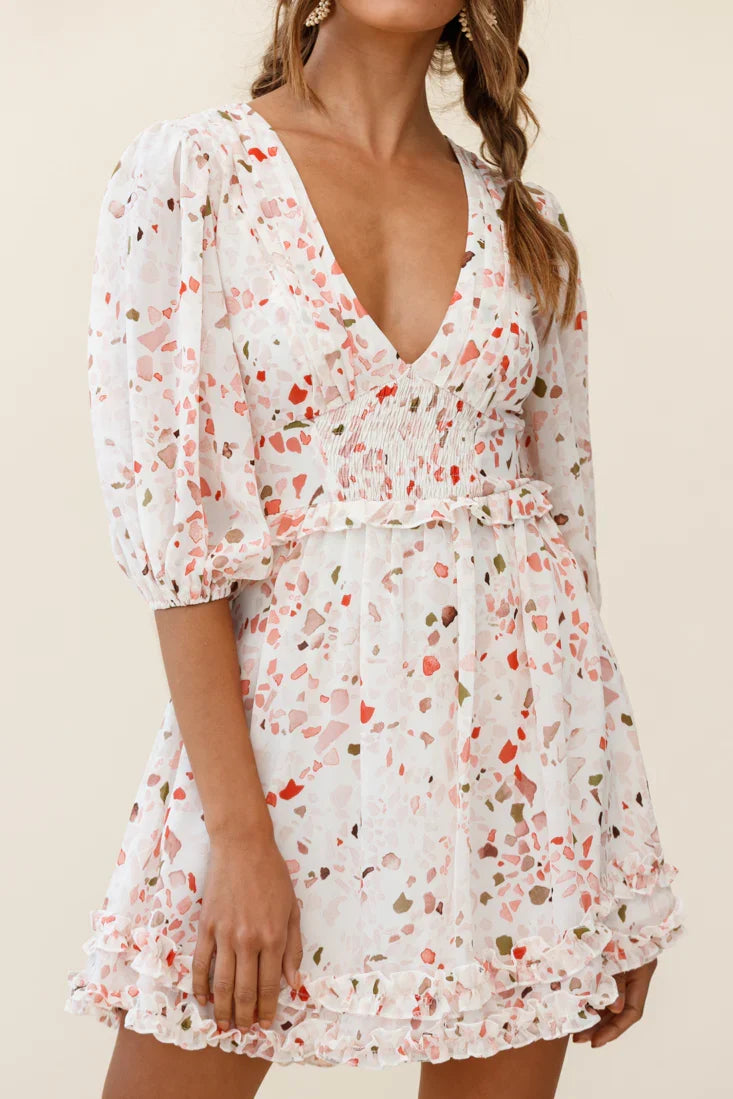 Born Free Shirring Detail Frill Trim Dress Pink Multi