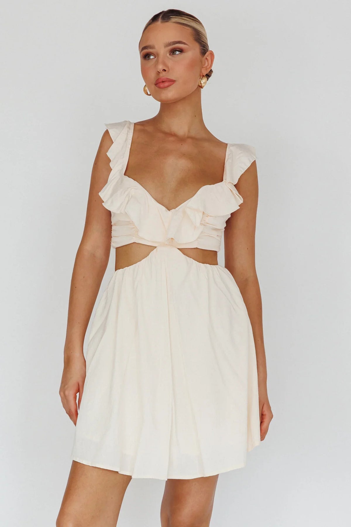 Revel Ruffle Trim Cut-Out Waist Dress Ivory