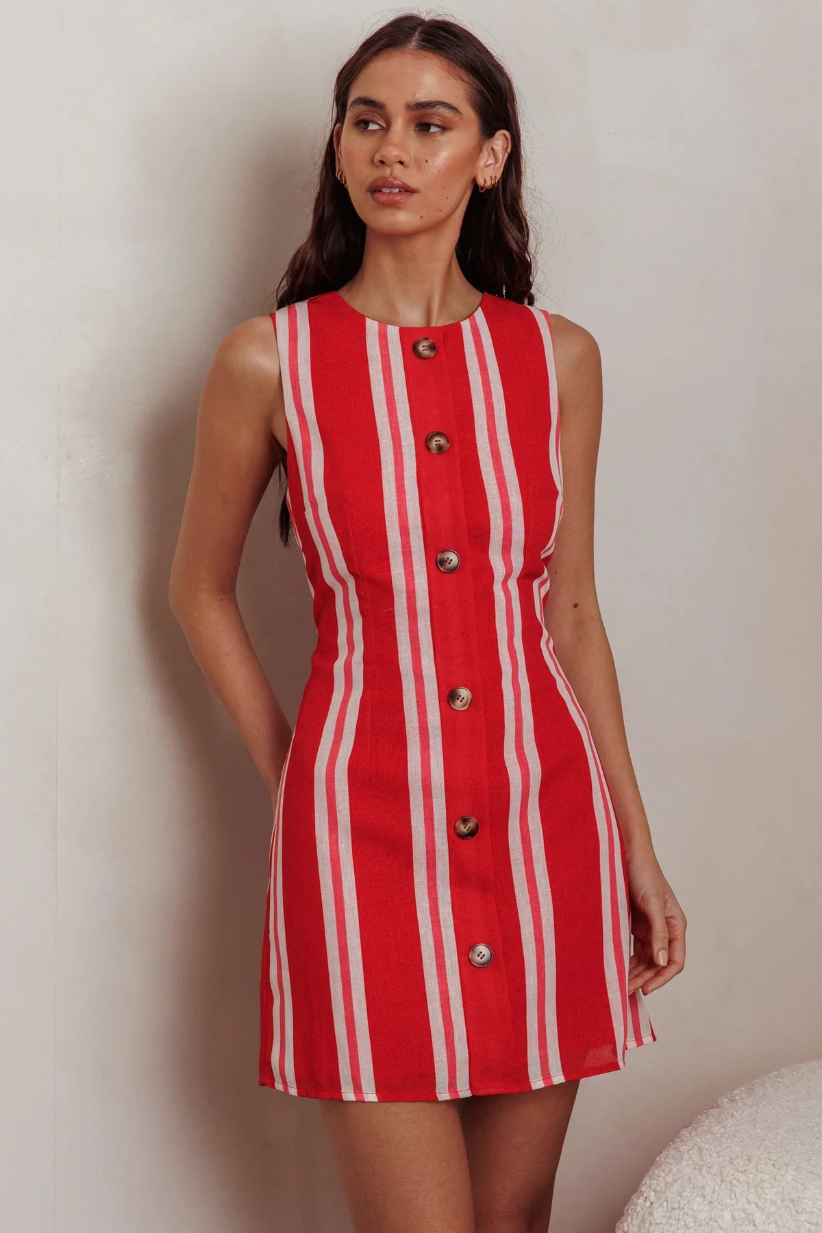 Kalena Faux Placket Mini Dress Stripe Red