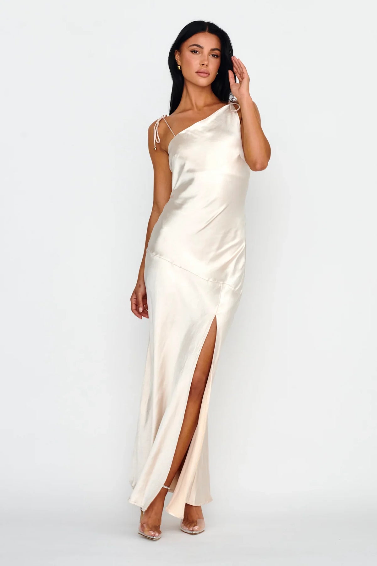Heart's Desire String-Tie Shoulder Dress Champagne