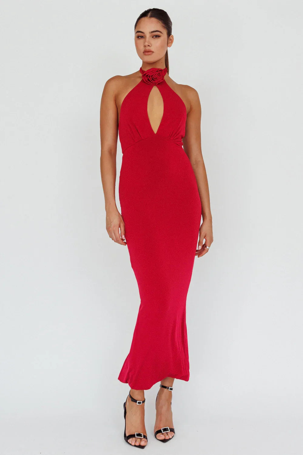 Simha Rose Halterneck Midi Dress Red