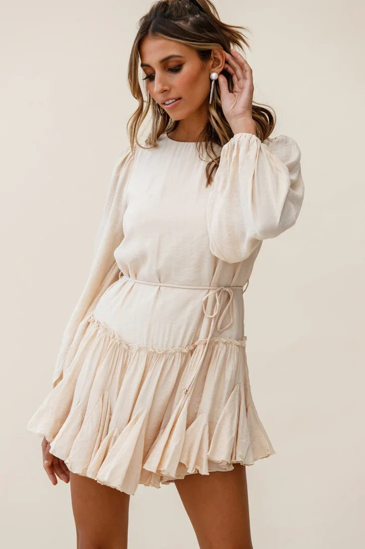 Rosabel Balloon Sleeve Fluted Hem Dress Beige