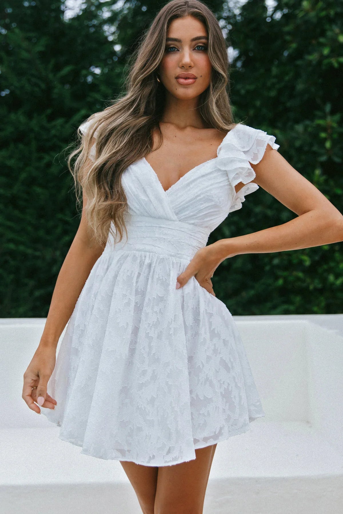 Lola Ruffle Shoulder Ruched Dress Textured White