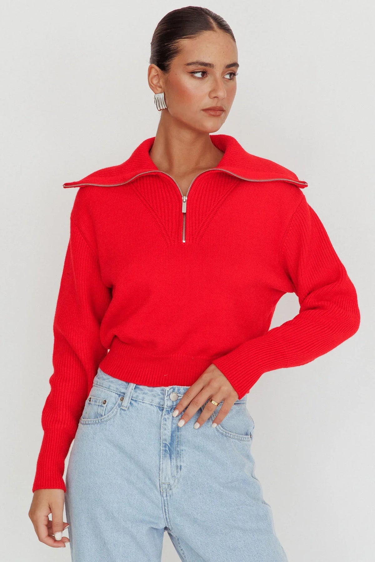 Dawneta Half Zipper Knit Pullover Red