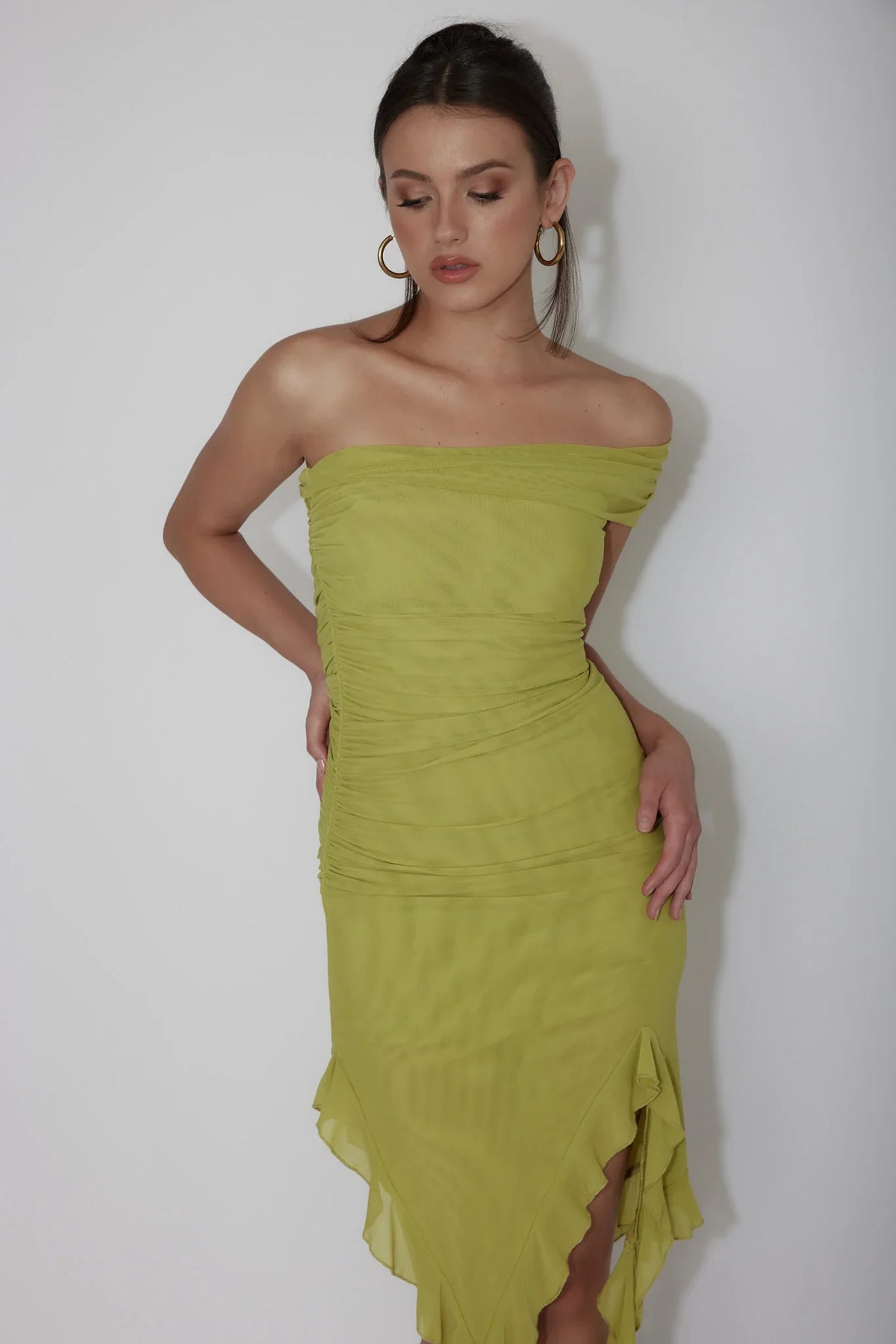 After Party One Sleeve Ruffle Mini Dress Lime