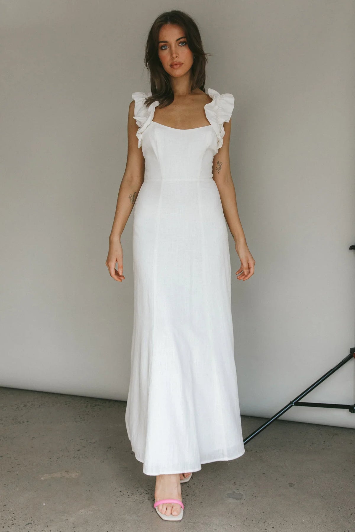 Bronte Ruffle Strap Midi Dress Cream