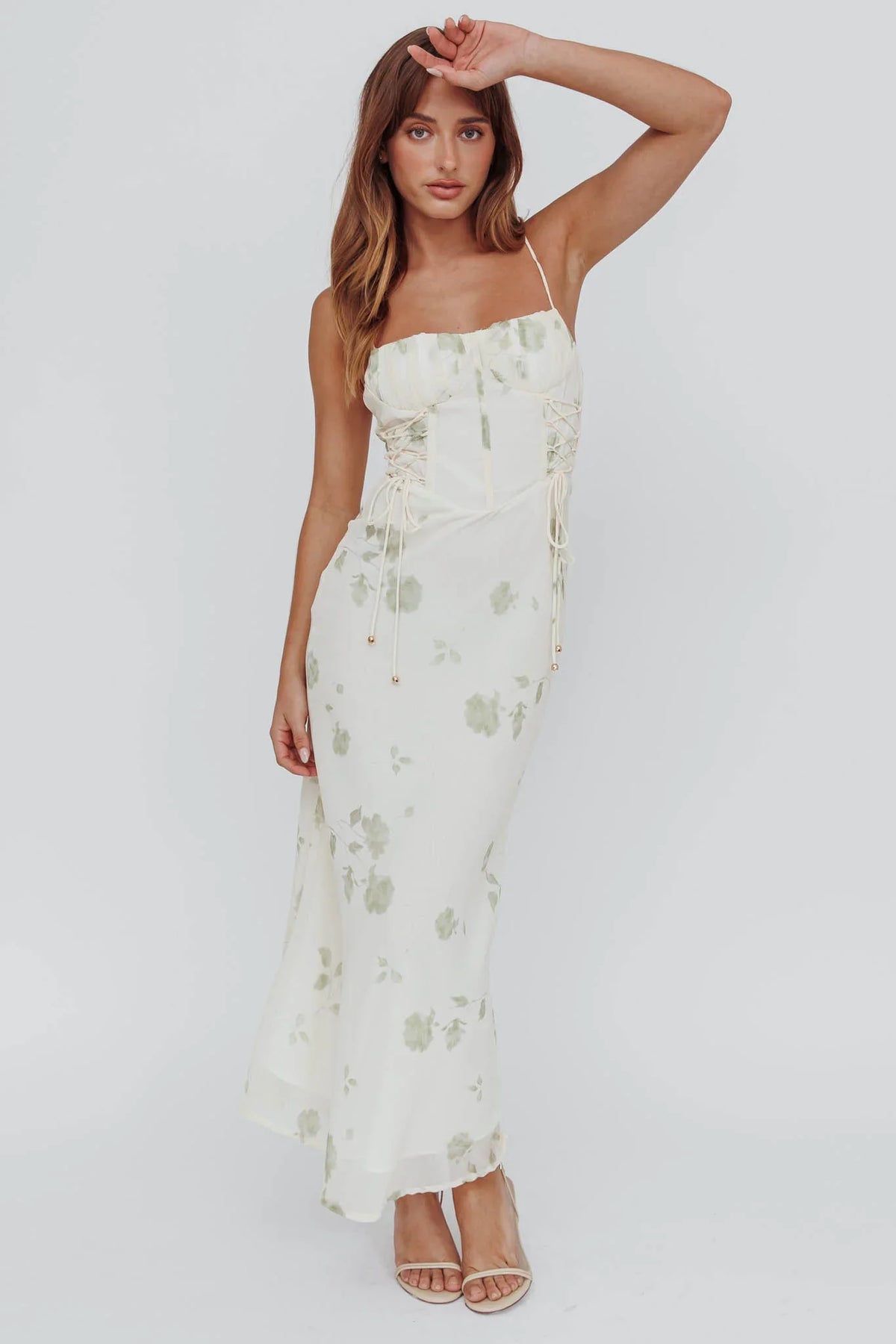 Graziella Laced Corset Midi Dress Floral Green