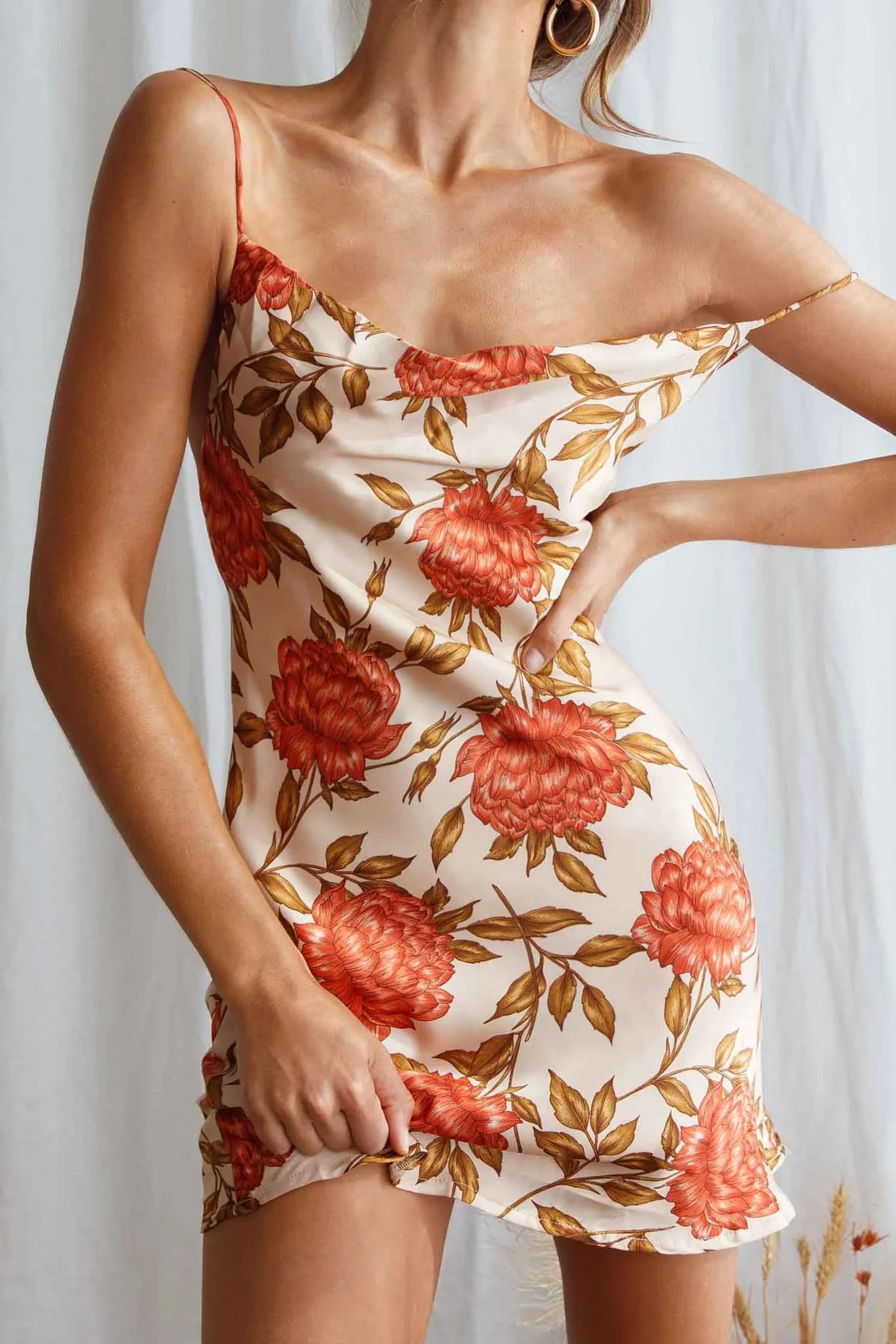Show Me Love Cowl Neck Mini Dress Red Flower Print Beige