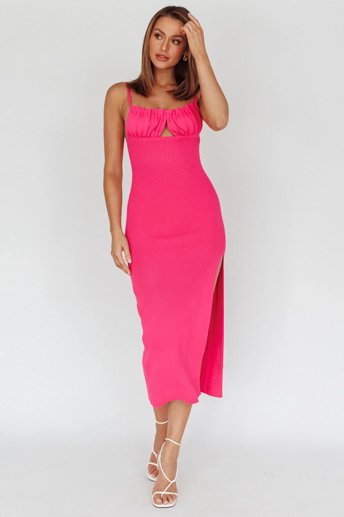Jelina Gathered Bust Knit Midi Dress Fuchsia