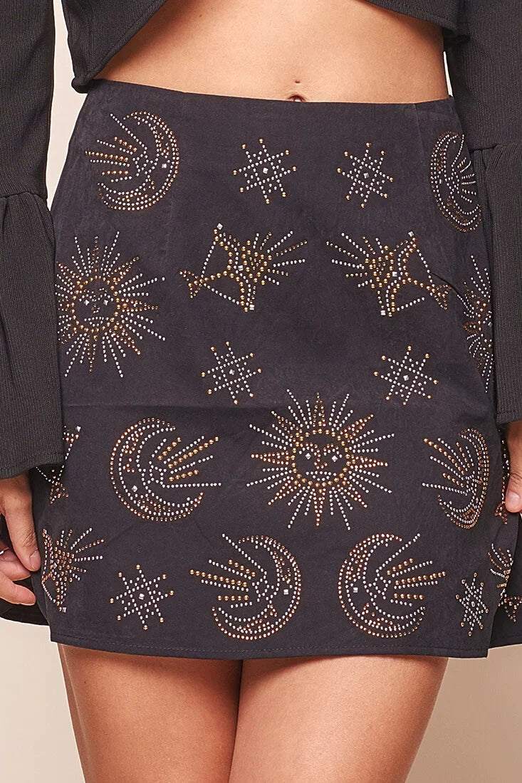 Mari Astrology Embellishment Mini Skirt Black