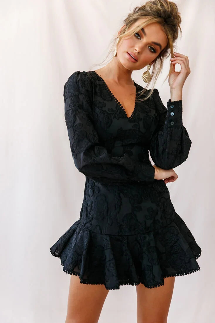 Camellia Open Back Cuff Sleeve Dress Black