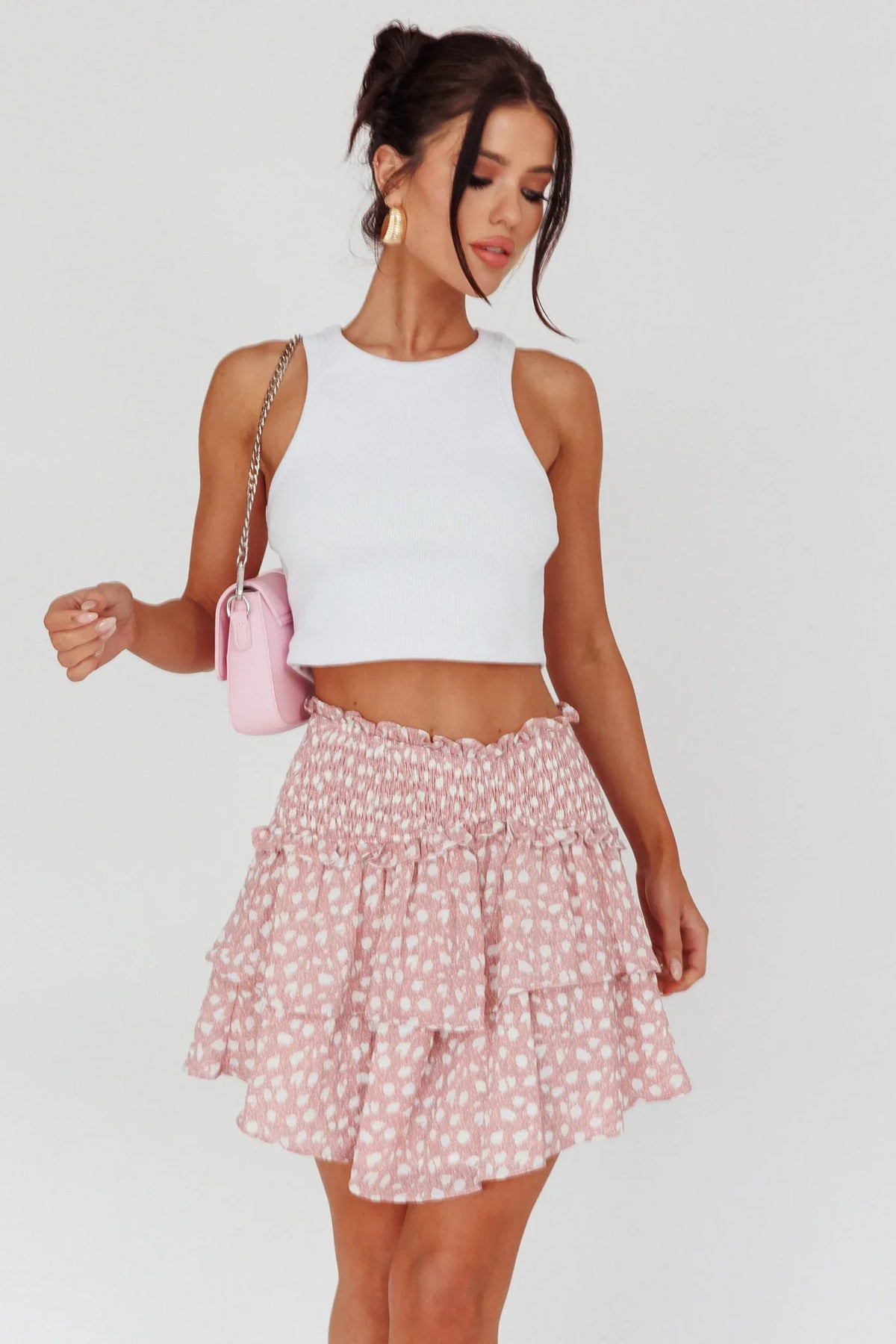 Sylvie Shirred Waist Layered Mini Skirt Pink