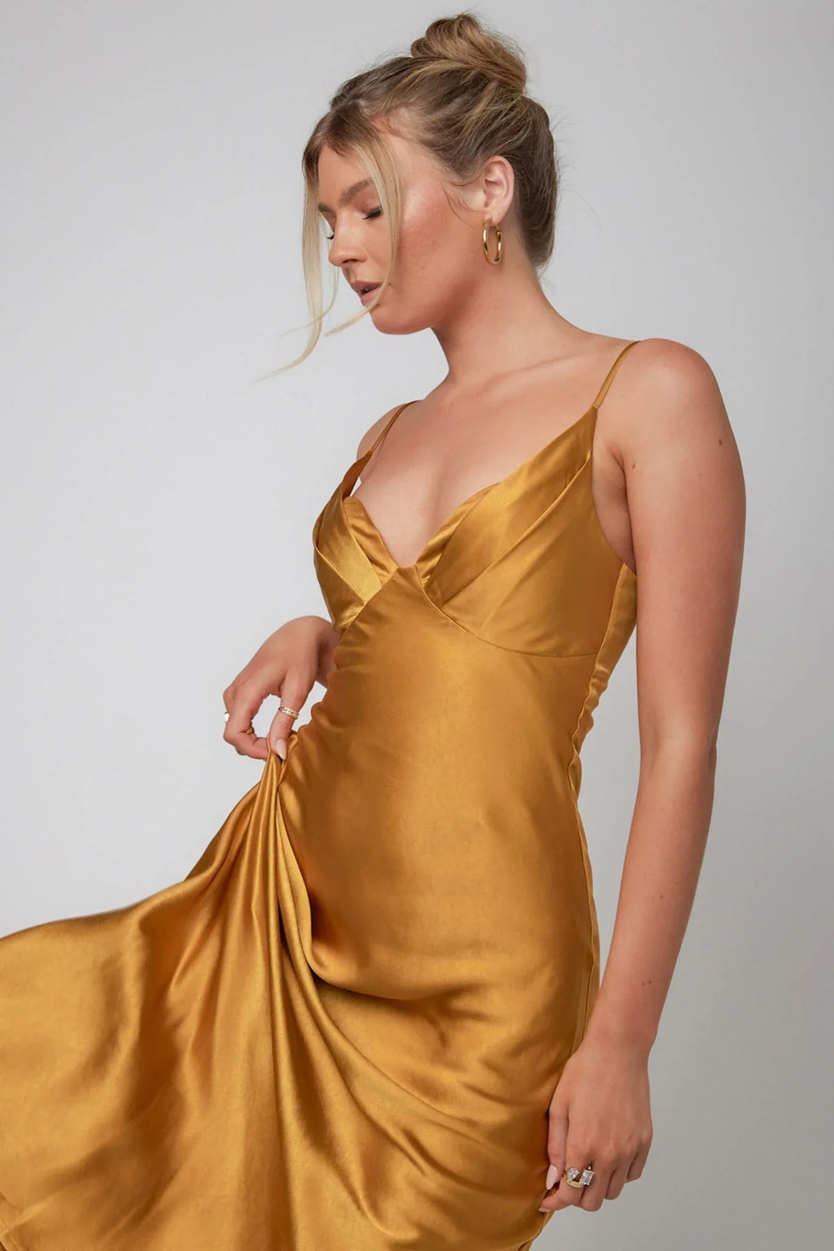 Infinity Pintuck Bust Midi Dress Mustard