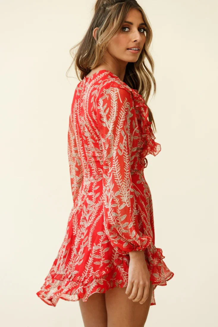 Odette Long Sleeve String Tie Neckline Vine Print Dress Red